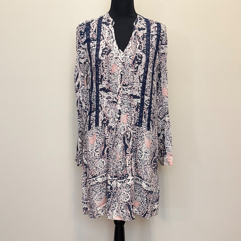 Anthropologie TINY Paisley Crochet Lace Trim Long Sleeve Shift Dress Women S